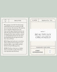 Beautifully Organized 52-week card deck, inside image displaying two cards from the deck of the first week, with an introduction in a green pale background. Black lettering and white cards.