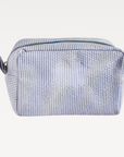 Rectangular cosmetic makeup bag with blue and white horizontal stripes and a top zipper closure.