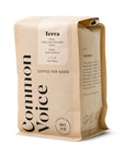 Common Voice, Terra, coffee bag in beige or light brown color presented with all of its details in black lettering.
