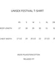 Unisex festival t-shirt size chart image.