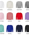 Color chart of sweatshirts is featured.