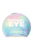 image showcases "Diamond Eye" eye masks, packaged in a holographic, iridescent pouch with text overlay. The shape of the pouch is an oval-like form.made of a holographic material that reflects a spectrum of colors, including blues, pinks, and greens. The text is in a clear, sans-serif font, with "DIAMOND EYE" in a bold, capitalized style. The text highlights the product's benefits, such as brightening and de-puffing, using "real diamond and caffeine extracts." On a white background.