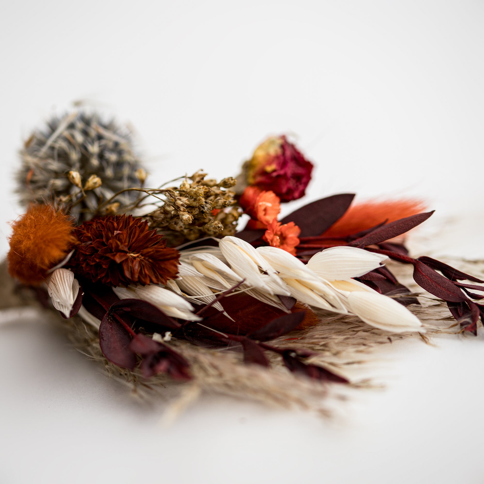 autumn colors dried floral bundle close up image on a white background.