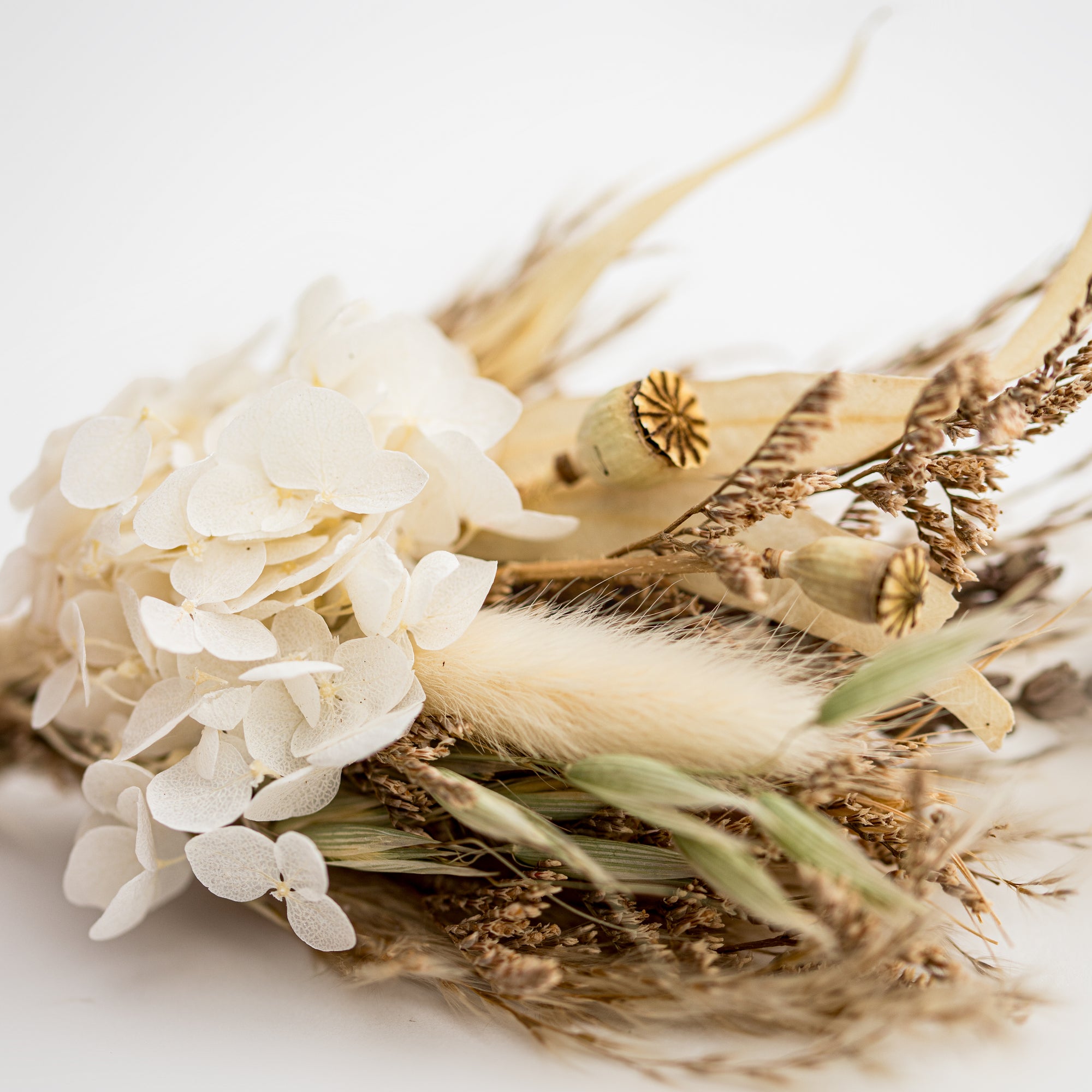 close up image of white and green dried floral bundle on white background.
