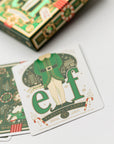 Elf themed playing cards deck with illustrated holiday characters.