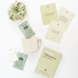 Meditation gift box with Mindful Affirmations cards, relaxing tea, stoneware mug, artisan chocolate bar, and green air plant. Mindfulness Gifts, Thinking of You Gift, Curated Gift Boxes