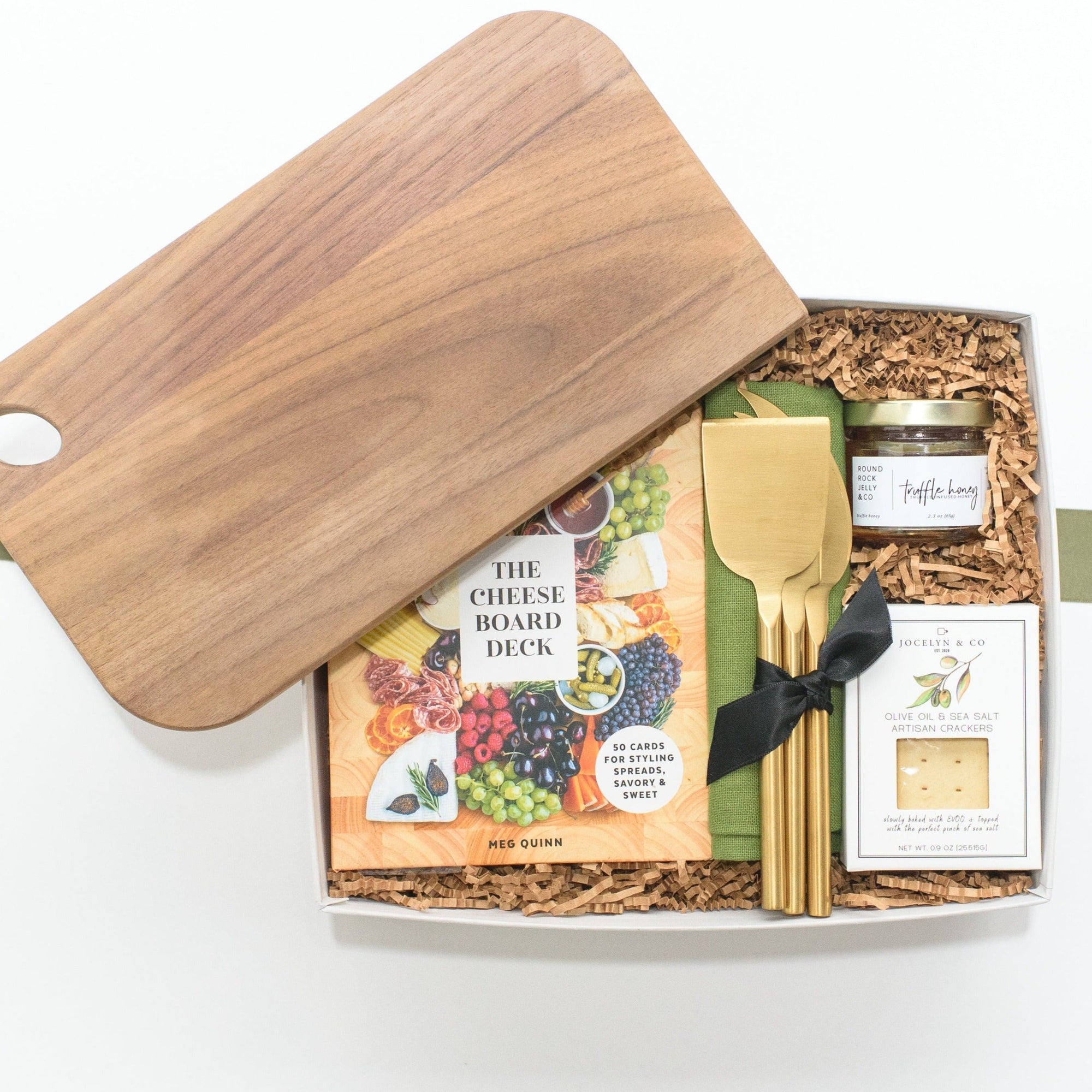 Charcuterie Gift Box with Serving Board, Cheese Knives, Linen Tea Towel, Cheese Board Deck Inspiration Cards, Honey and Crackers. Hostess thank you gifts, realtor closing gifts, settlement gifts, client gifting, corporate gifting.