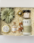 Green & Gold gift box: our signature white box filled with ivory shred, containing (from left to right) a large green air plant, a white tea candle in a gold tin with a white label featuring a black floral outline on the lid, a clear jar of white matchsticks with a cork lid, a gold tea infuser, three loose caramels, raw clover honey, and Dona Rising green loose leaf tea. Displayed on a white background with a green ribbon crossing behind the box.