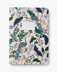 Peacock notebook one, pink with peacock illustration with white label and gold lettering on white background.