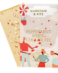 Peppermint White Chocolate, image shows the chocolate wrapping that has a background of three colorful people with peppermint candy and a hand holding a mug, and the label is in gold lettering. Also shows the candy bar with peppermint candy pieces.