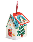 Snow globe mini puzzle is featured in its house shape package with Christmas illustrations and tag on a white background.