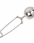 A stainless steel ball infuser with a long wire handle and a loop at the end, shown on a plain white background.