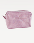 Pink textured cosmetic bag with 'Allison' branding on a light gray background
