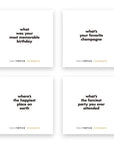 Image shows 4 cards of the party game celebrate table topics to go, in the bottom shows the game it belongs with celebrate in gold lettering the rest in black, the questions in the cards: most memorable birthday, favorite champagne, happiest place on earth, and fanciest party ever attended.