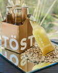 The Tost sparkling white tea is featured in a photographic image shows a sleek, tall bottle of TÖST Sparkling White Tea. The liquid inside is a pale golden-amber hue. The bottle has a minimalist label with “TÖST” printed in white vertically. The overall style is clean and modern, with the focus on the elegant bottle and its contents against a simple, natural background with a mirror, rocks on a table, and a case of the same tea.