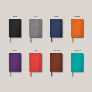 Notebook color options. Black, Gray, Navy, Orange, Purple, Red, Terra Cotta, Turquoise