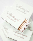 Green tea colored 2.22" x 1.375" x .46" personalized matchboxes with gold script. Approx. 22 white matches in each