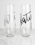 Champagne Flute- Personalized Stemless Flute with silver and black script names showing the name Katie.