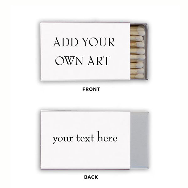 Front and Back of custom matchboxes. White box with black text