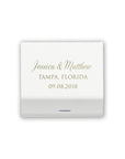 Custom wedding matchbook in natural white and brushed gold shown on a white background. Personalized with Jessica & Matthew, Tampa, Florida 09-08-2018