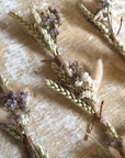 multiple dried floral bundles spaced out shown on a beige background