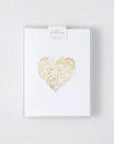 Flora-Heart card box set, a simple yet elegant card, featuring a heart-shaped floral design rendered in gold foil, centered on a crisp white background.