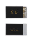 Custom match box, wedding match favors, black matchbox, featured front and back. Front SB initials in gold foil opened showing white tip matches, and back shows the names Sarah & Ben with the date June 23, 2018 in gold foil.
