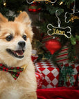 Personalized Dog Ornaments, image shows light-brown dog wearing a plaid bow tie is sitting in front of a Christmas tree decorated with red and white ornaments and presents, and showing the personalized dog bone shape otutline ornament in silver aluminum wire with the name Julian in gold aluminum wire.