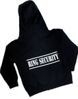 The back of a Ring Bearer Hoodie in black  with the word Ring Security on the back on a white background