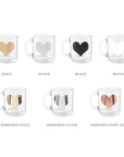 Clear coffee mugs personalized with hearts of different colors to show the different color options, colors: