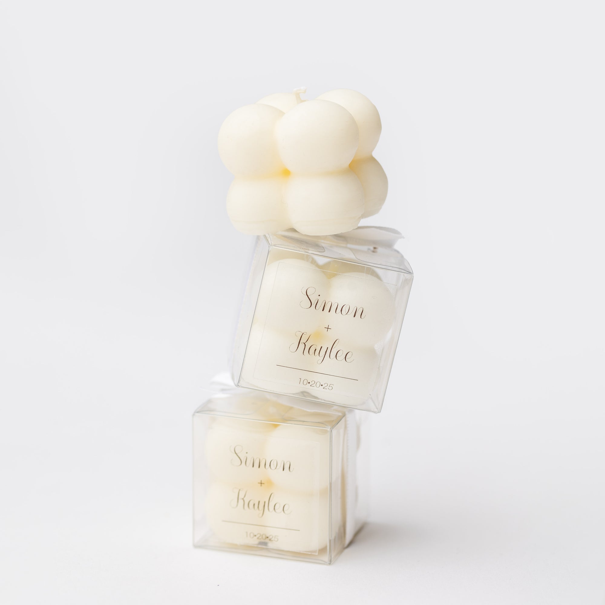 personalized mini bubble candles in clear gift boxes — foxblossom