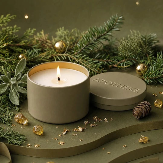 A lit candle in a matte taupe jar sits beside its matching lid on a styled surface with pine branches, gold ornaments, and dried botanicals. The lid is embossed with the brand name 'APOTHEKE'.