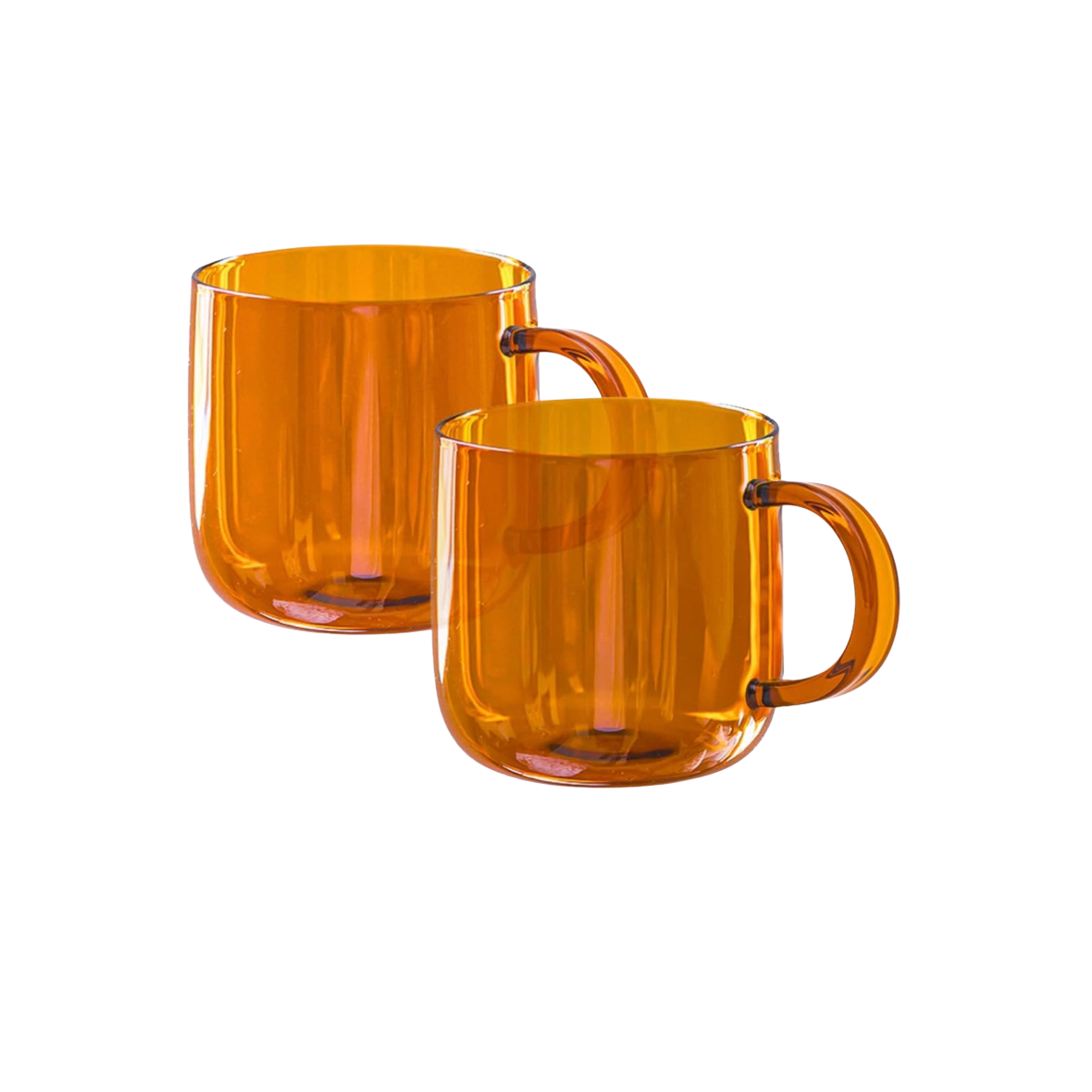 Two amber-colored glass mugs with handles on a white background