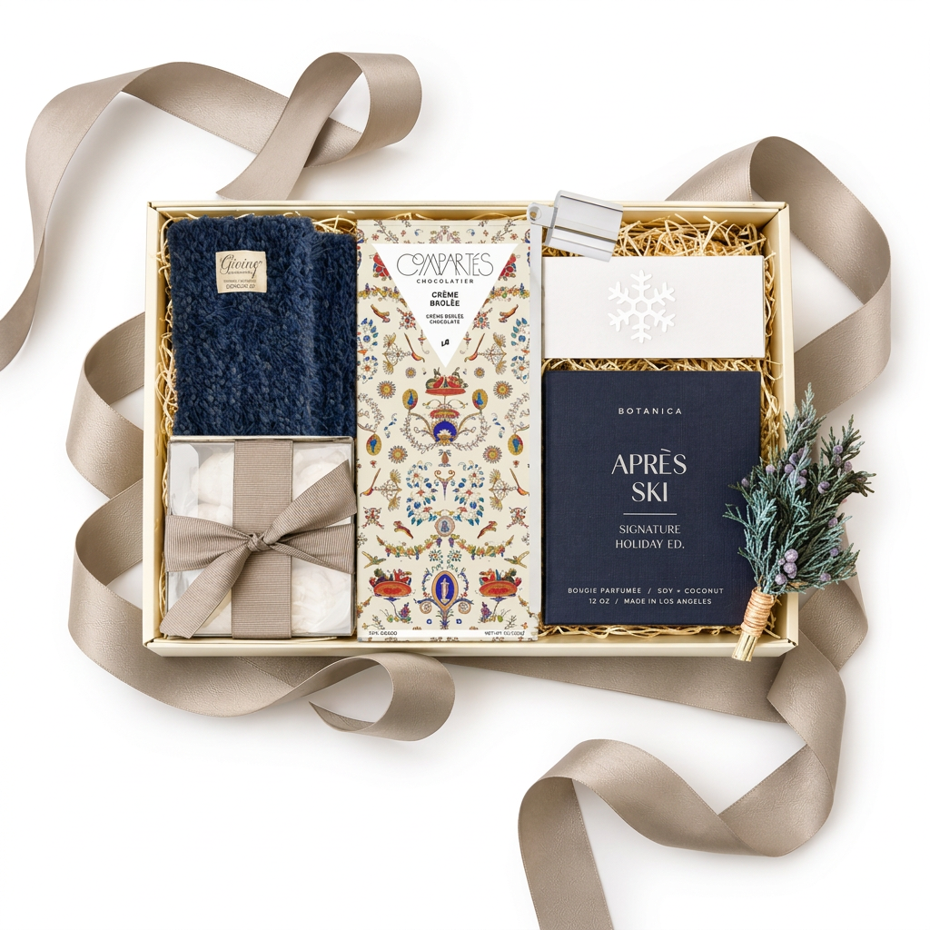 A curated gift box set containing a navy blue knit scarf, a cream-colored patterned scarf, a Botanica Après Ski bottle, and a decorative botanical sprig, all arranged in a kraft gift box with a beige ribbon.