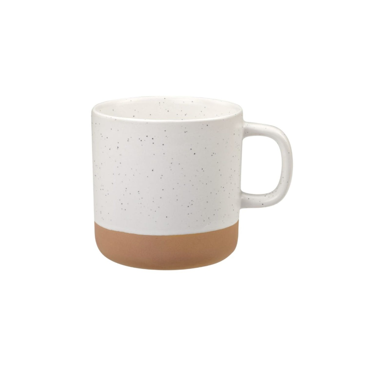 A ceramic mug with a white upper body speckled with small gray dots and a natural unglazed terracotta base, shown on a plain white background.