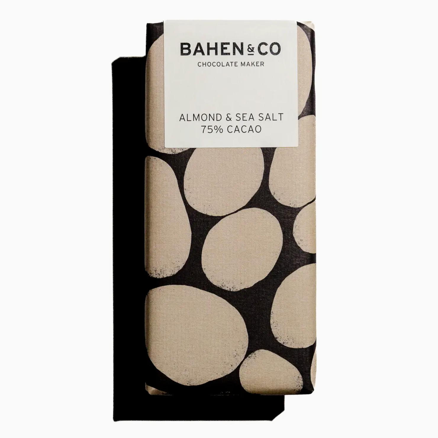 Bahlen & Co chocolate bar with almond and sea salt flavor on a white background