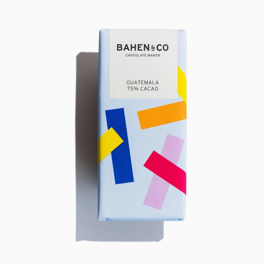 Bahlen & Co chocolate bar packaging with colorful abstract designs on a white background.
