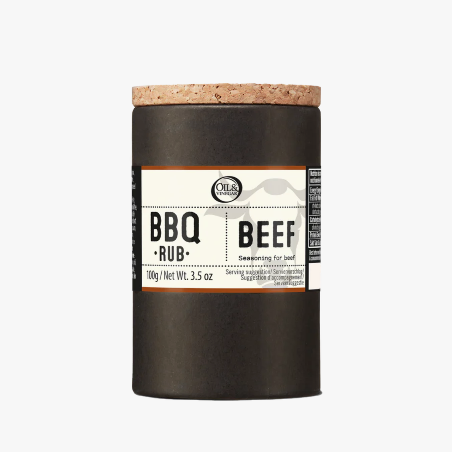 BBQ beef rub container with cork lid on a white background