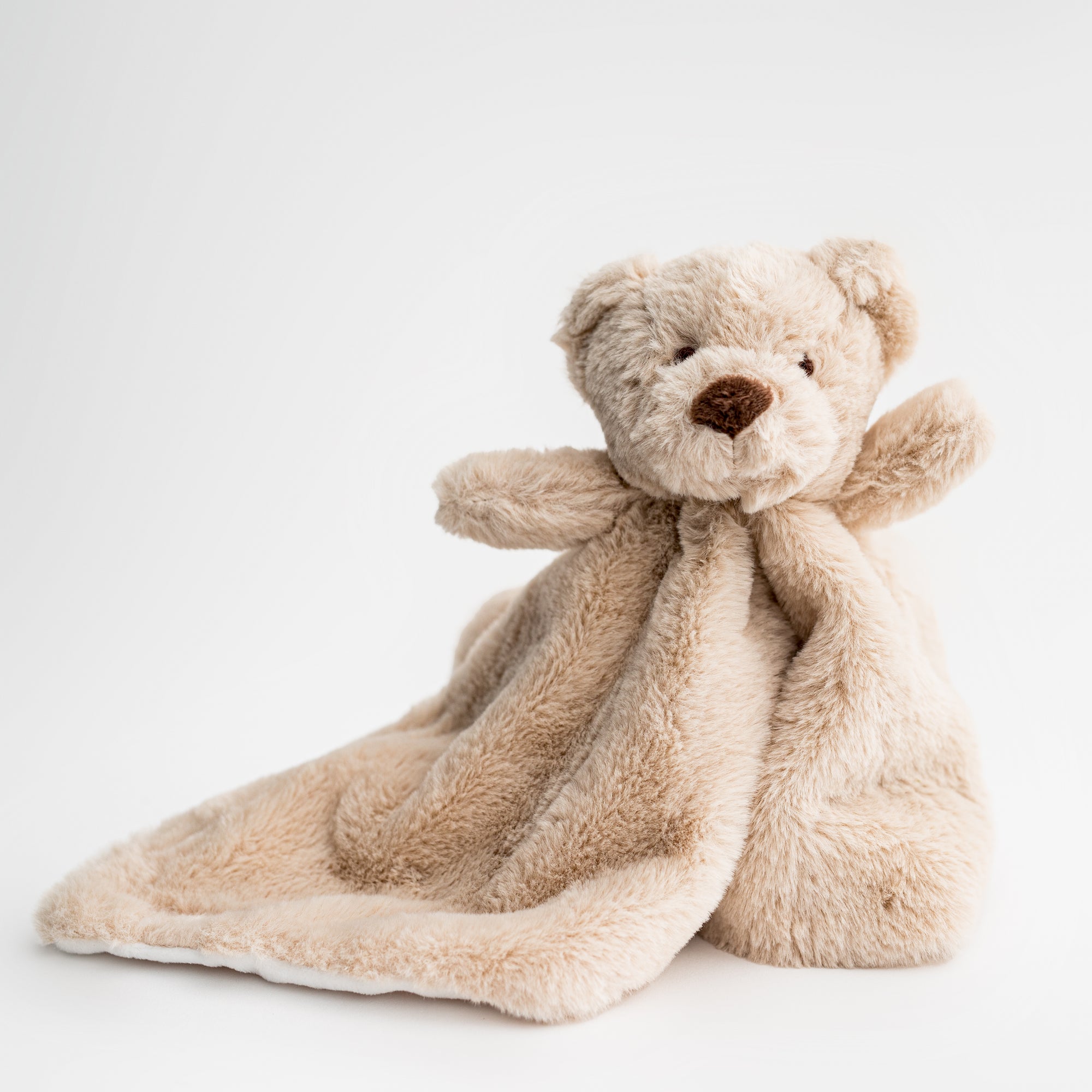 Bear lovey featured is a  light brown and white huggable teddy bear lovey snuggler on a white background.  
