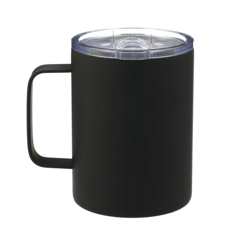 Black mug with a clear lid on a white background