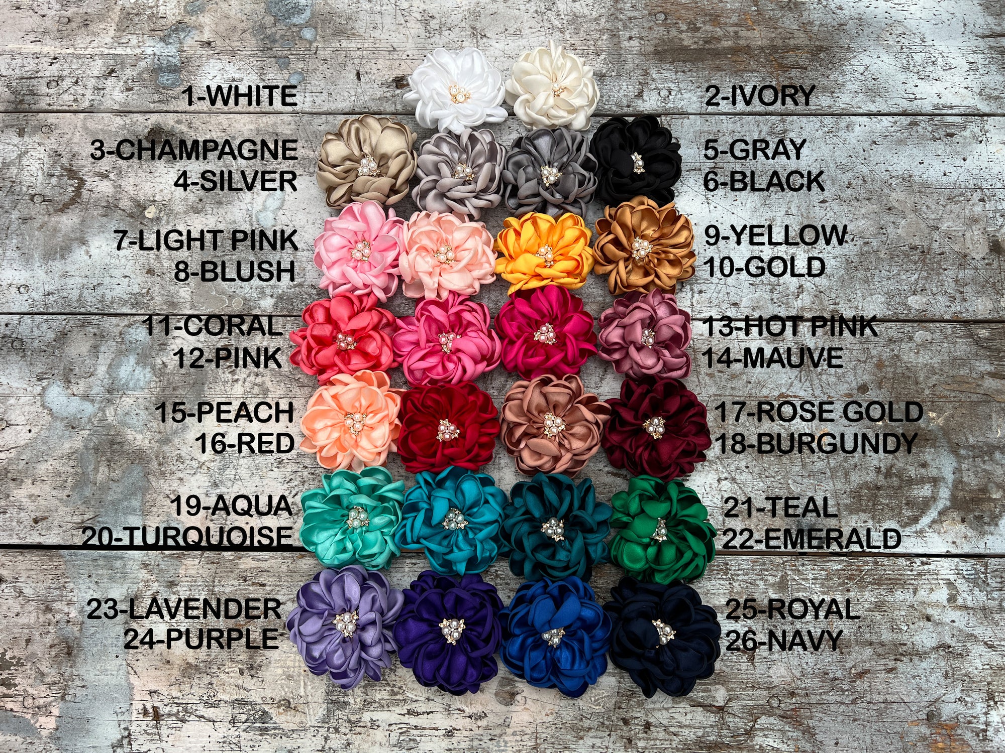 Satin flower color option chart displayed. 