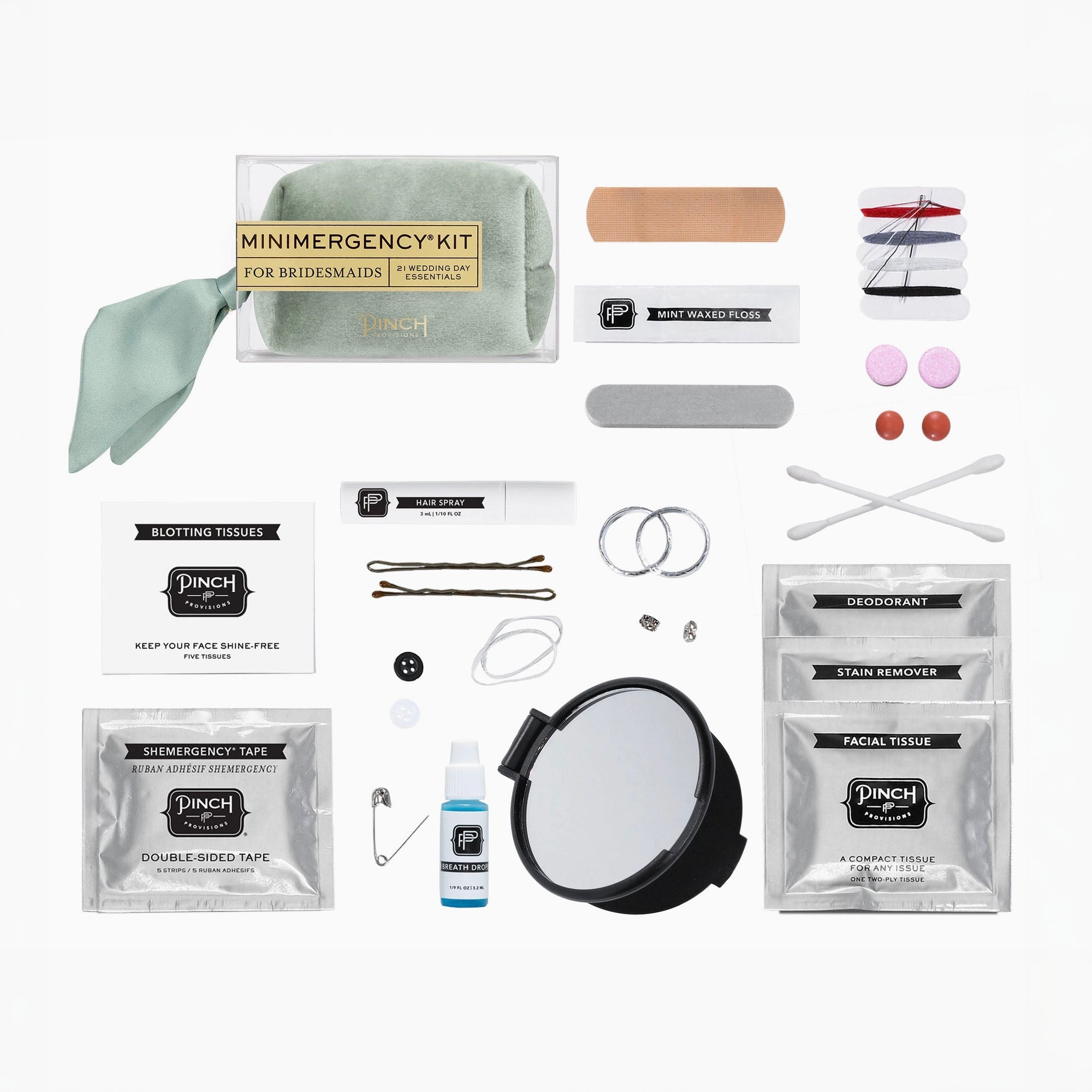A bridal emergency kit and beauty relief set laid out on a white background, including a mini mirror, face wash, facial tissues, facial adhesive, facial pain relief, bobby pins, double-sided tape, cotton swabs, and a mint green neck pillow.