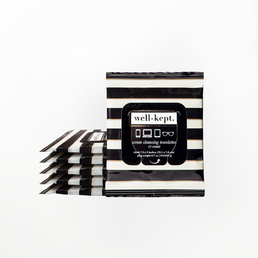 Pack of black and white striped screen cleaning towels with 'well-kept' branding on a white background.