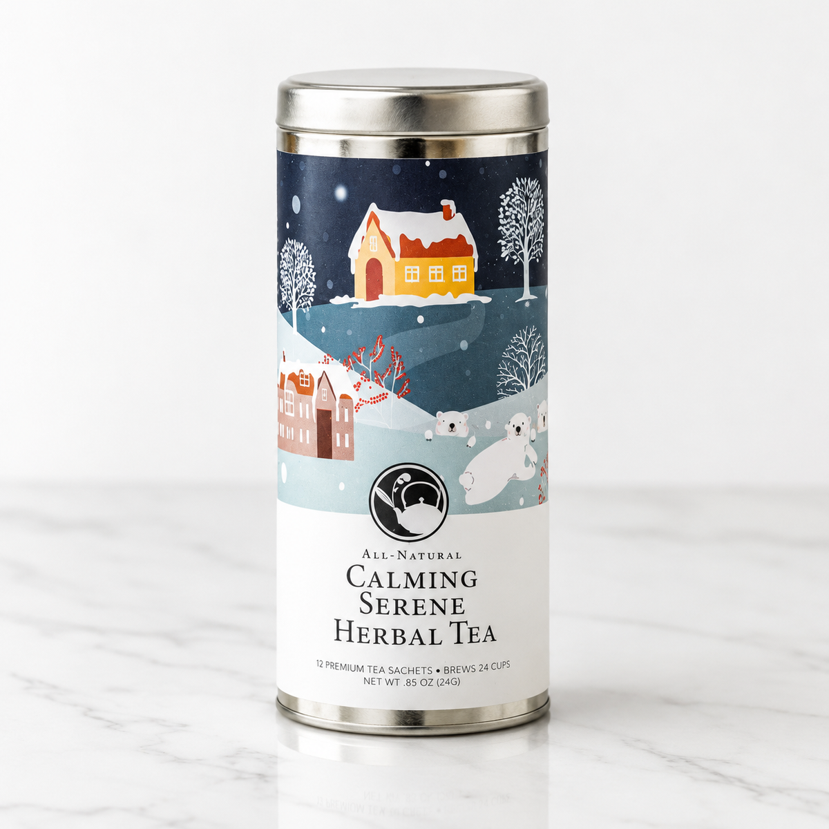A cylindrical metal tin of Calming Serene Herbal Tea on a light marble surface against a white background. The tin features a winter village illustration with snow-covered houses, trees, and polar bears on a dark blue and white label.