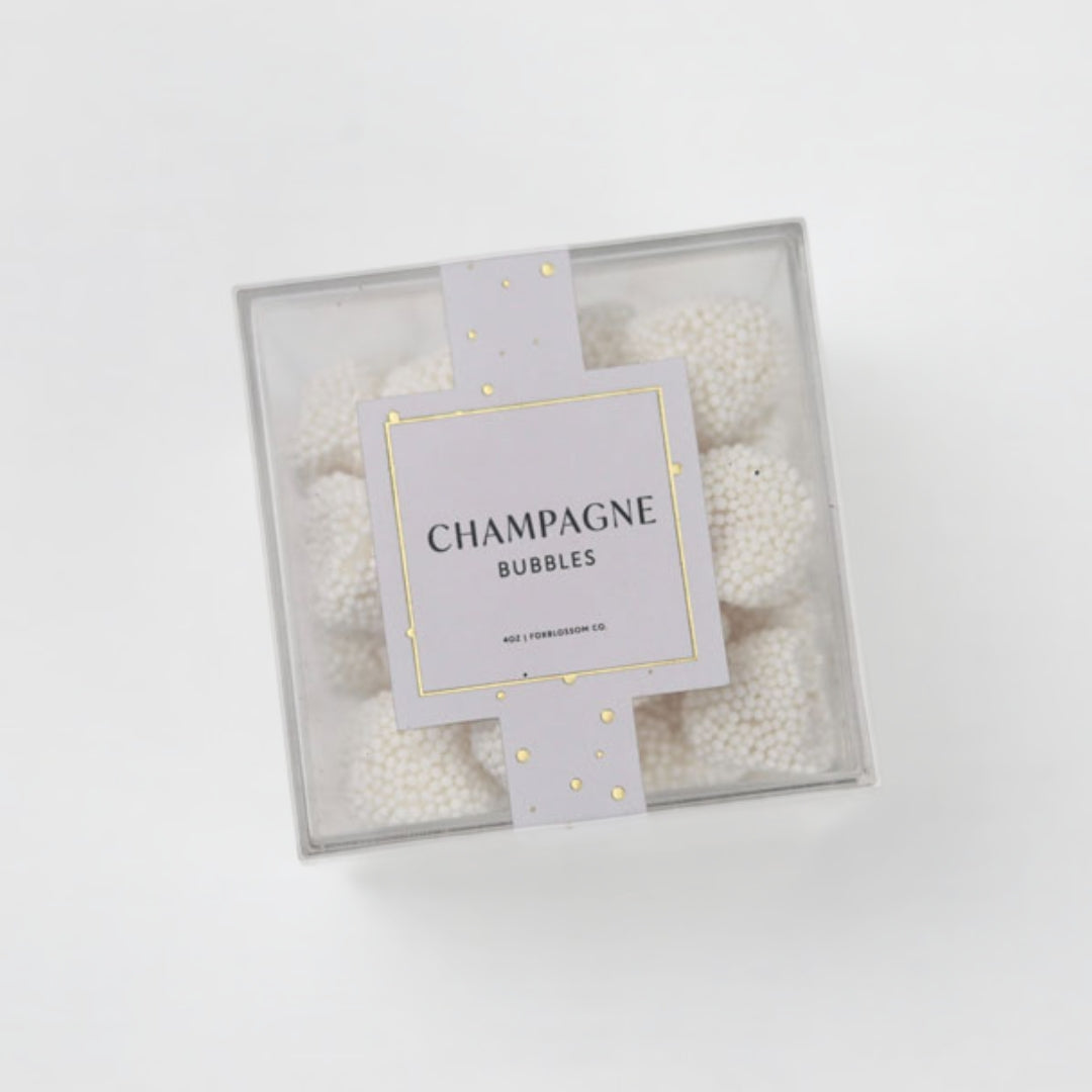 Box of 'Champagne Bubbles' with a decorative tag on a light gray background