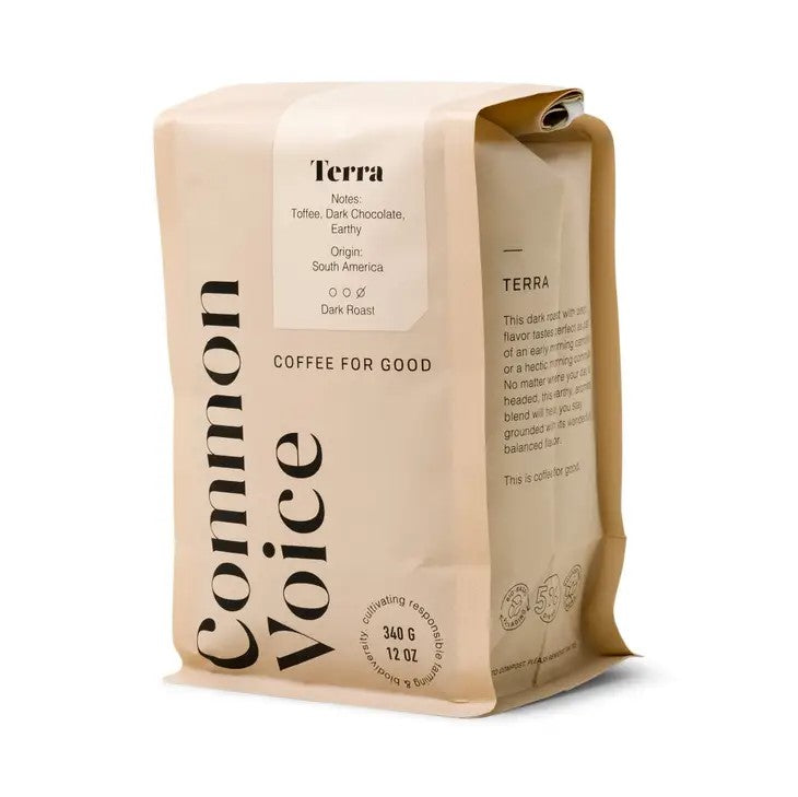 Common Voice, Terra, coffee bag in beige or light brown color presented with all of its details in black lettering. 