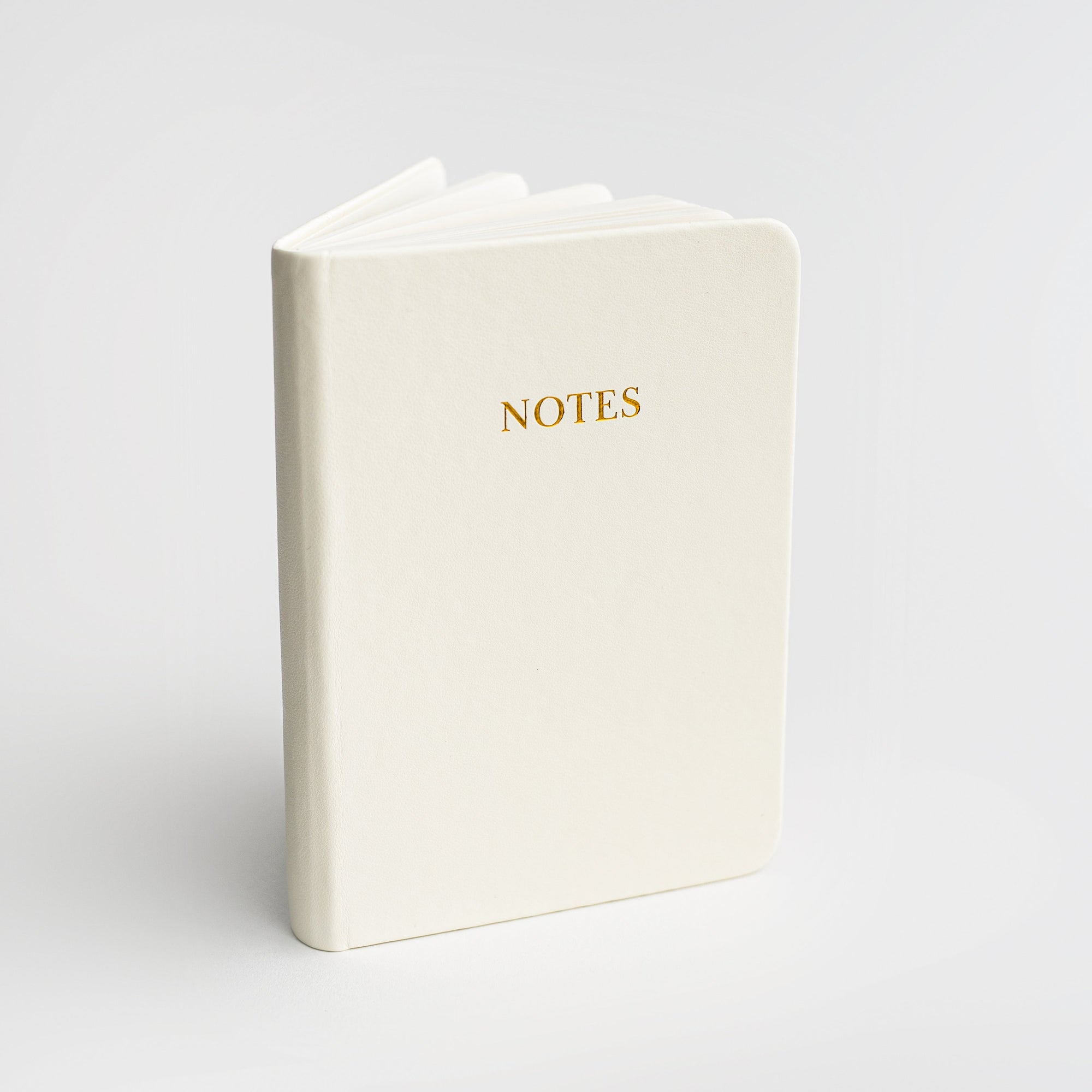 Cream pocket softcover notebook featured on a white background.  With Notes in gold in front of it. 