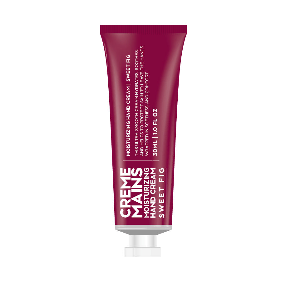 Sweet fig hand creme is featured in its deep magenta color tube container and white lettering on a white background. 
