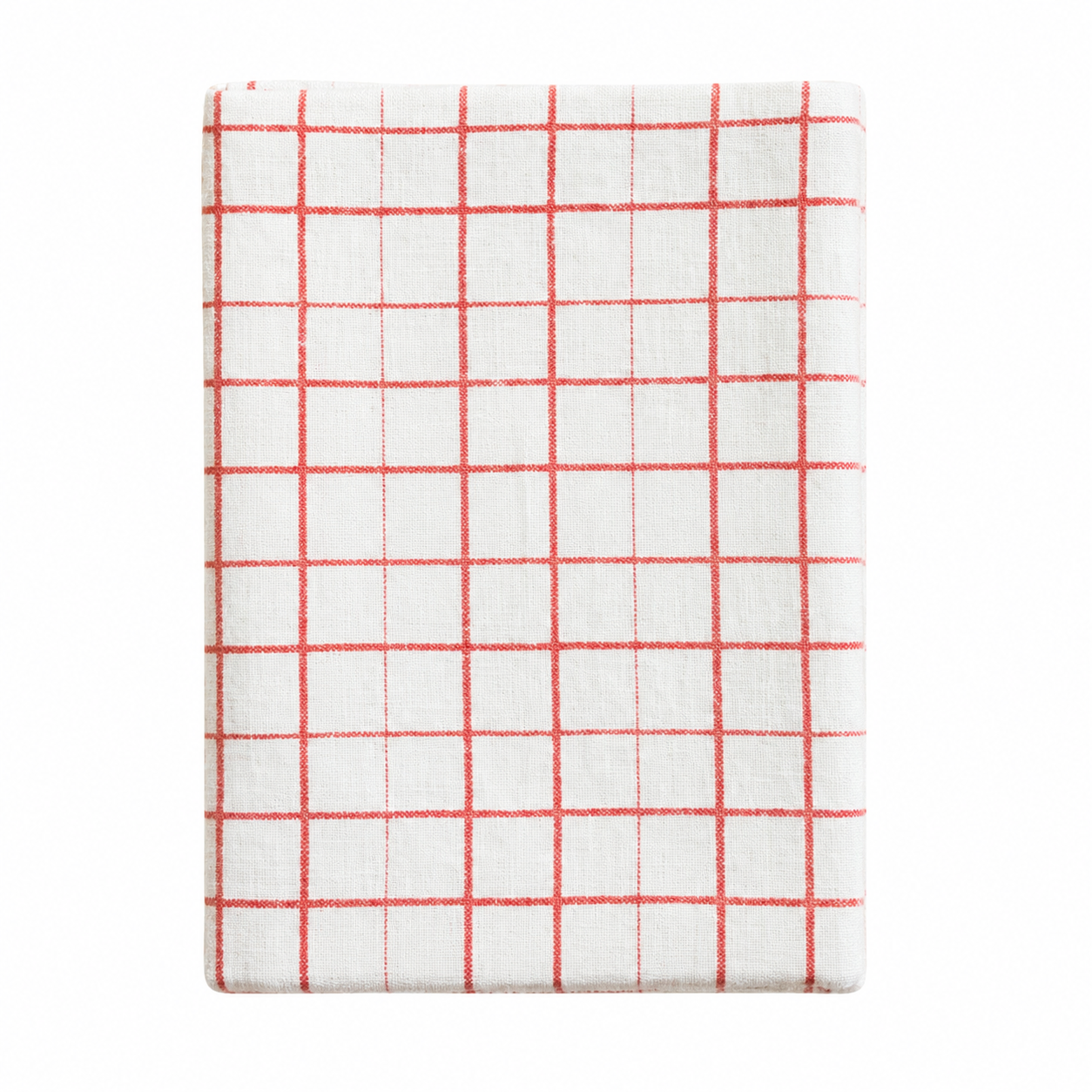 Crimson grid tea towel with red lines on a white background. 