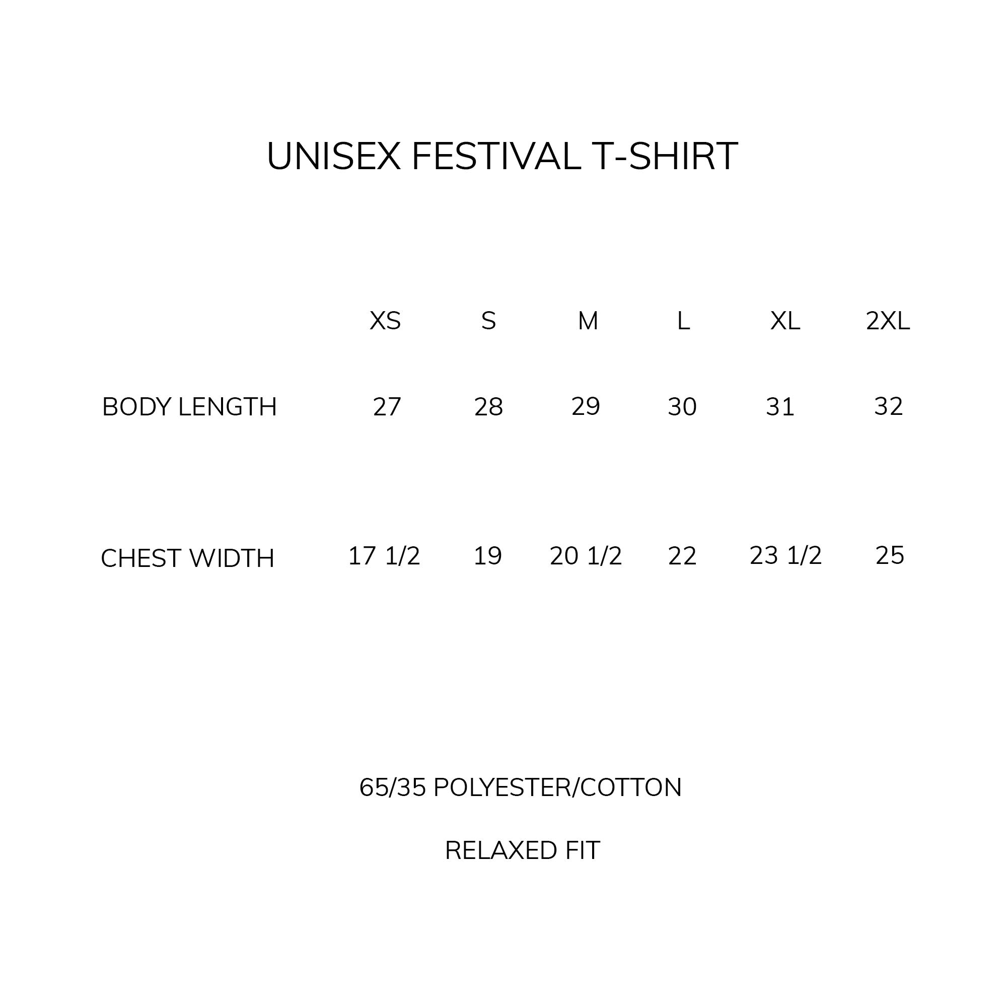 Unisex festival t-shirt size chart image. 